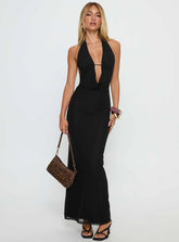 Stroke of Fate Plunge Halter Maxi Dress Black