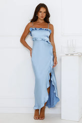 Vibrant Vixen Satin Maxi Dress Blue