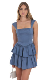 Satin Wide Strap Ruffle Dress in Denim Blue