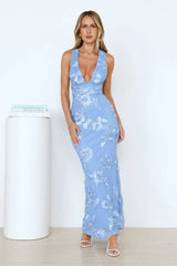 Lime Light Mesh Halter Maxi Dress Blue