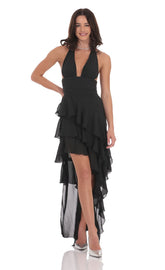 Asymmetrical Ruffle Maxi Dress in Black