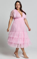 Jiraye Midi Dress - Flutter Sleeve Tuelle Plunge Dress in Ballet Pink
