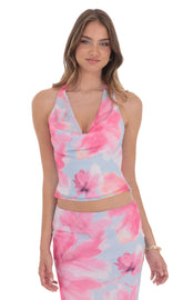 Floral Cowl Neck Halter Top in Blue and Pink