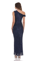 Sequin Off Shoulder Maxi Dress in Navy
