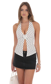 Polka Dot Flower Plunge Neck Top in White
