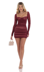 Mesh Long Sleeve Bodycon Dress in Maroon