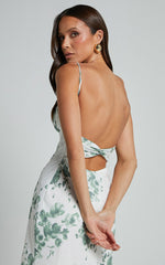 Bettina Midi Dress - Strappy Ruched Bust Slip Dress in Green and White Print