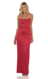 Satin Bodycon Maxi Dress in Red