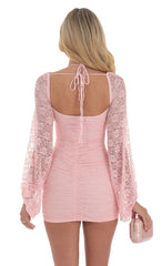 Lace Ruched Long Sleeve Dress in Pink