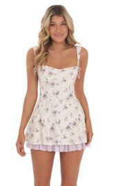 Textured Floral Purple Ruffle Dress in White