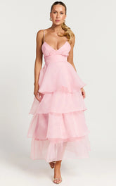 Cindy Midi Dress Layered Skirt Dress in Soft Pink
