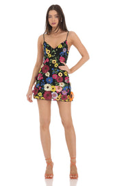 3-D Flower V-Neck Dress in Black
