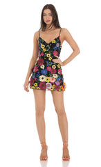 3-D Flower V-Neck Dress in Black