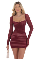 Mesh Long Sleeve Bodycon Dress in Maroon