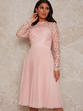 Long Sleeve Crochet Midi Dress in Pink