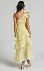 Eugenia Midi Dress One Shoulder Fit and Flare Layered Dress in Yellow