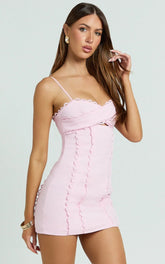 Gigi Mini Linen Blend Dress Sweetheart Tie Back Scallop Detail Dress in Pink