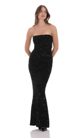 Velvet Sequin Strapless Maxi Dress in Black
