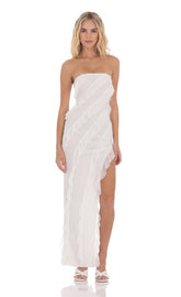 Mesh Ruffle Strapless Maxi Dress in White