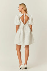 Open Back Floral Jacquard Puff Dress