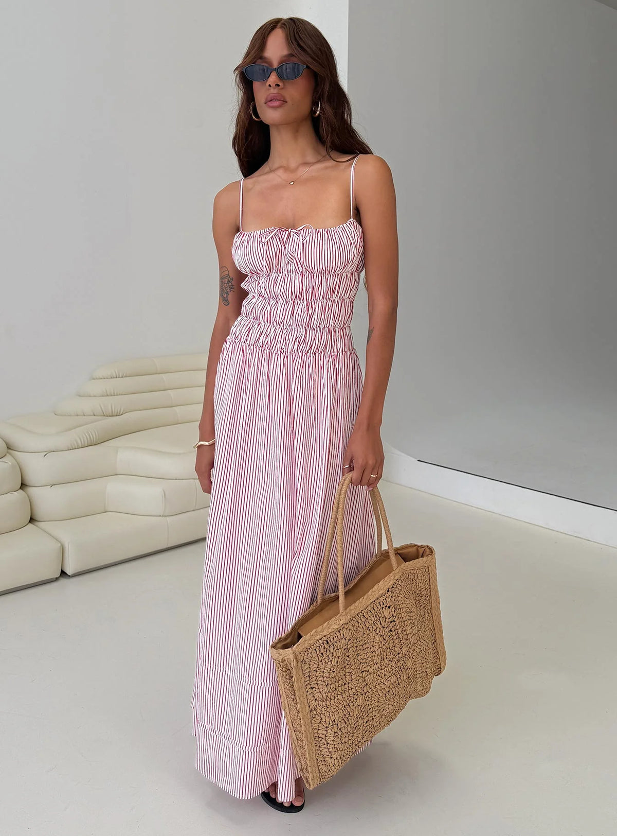 Loralei Shirred Maxi Dress Red Stripe