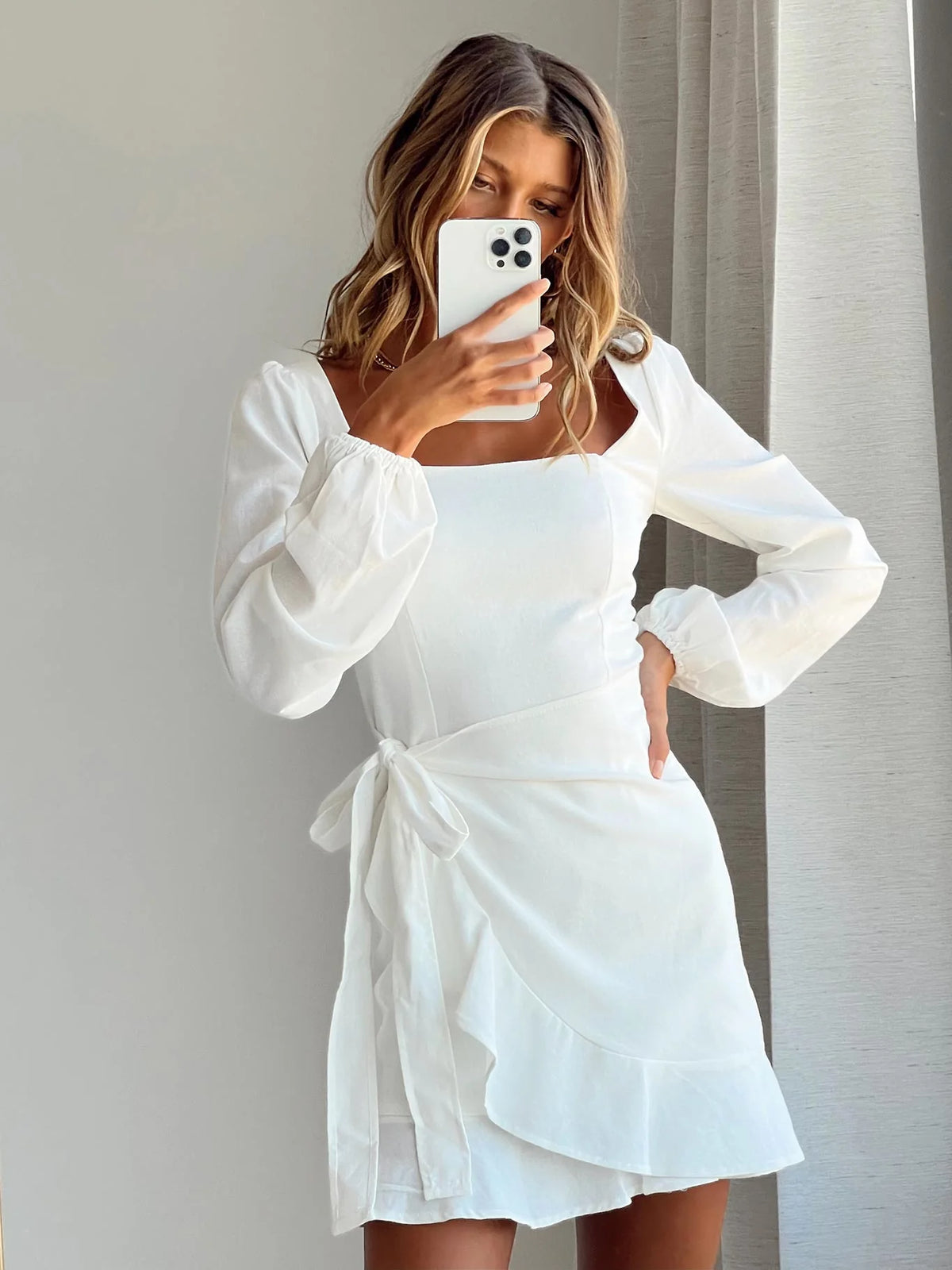 The Villa Long Sleeve Mini Dress White