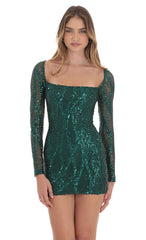 Sequin Long Sleeve Dress in Green
