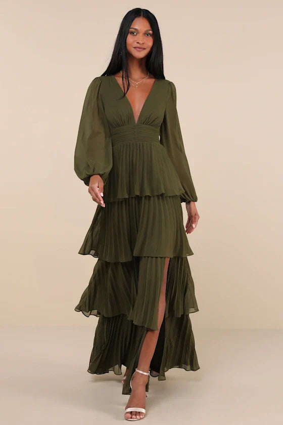 Graceful Finesse Olive Green Pleated Long Sleeve Maxi Dress
