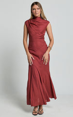 Arielle Maxi Linen Dress - High Neck Thigh Split Slip Dress in Rust