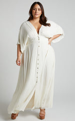 Sitting Pretty Maxi Dress - Short Sleeve Button Down Dress in Natural