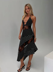 Down With Love Asymmetrical Midi Dress Black / White Polka