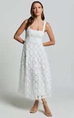 Clarissa Midi Dress - Square Neck Open Back A Line Dress in White