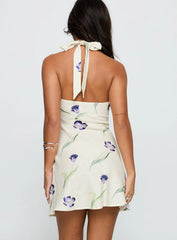 Havenna Halter Linen Blend Mini Dress Cream Floral