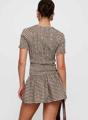 Laurita Shirred Mini Dress Brown Check Tall