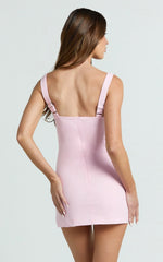 Arna Mini Dress High Neck Fitted Bow Detail Leg Split Fitted Dress in Pink