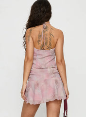 Zatana Halter Ruched Mini Dress Purple Multi