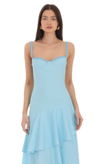 Long Ruffle Maxi Dress in Light Blue